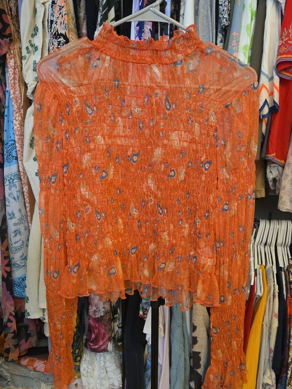 Free People Sheer Orange Floral Ruffle Neck Smocked Women's Top Size M